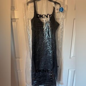 NWT DKNY Black Slip Midi Dress with Subtle Logo Jacquard